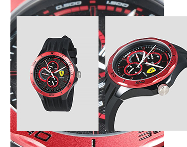 FRONTAL VIEW AND THREE-QUARTER VIEW OF MULTIFUNCTIONAL BLACK PISTA WATCH WITH RED BEZEL