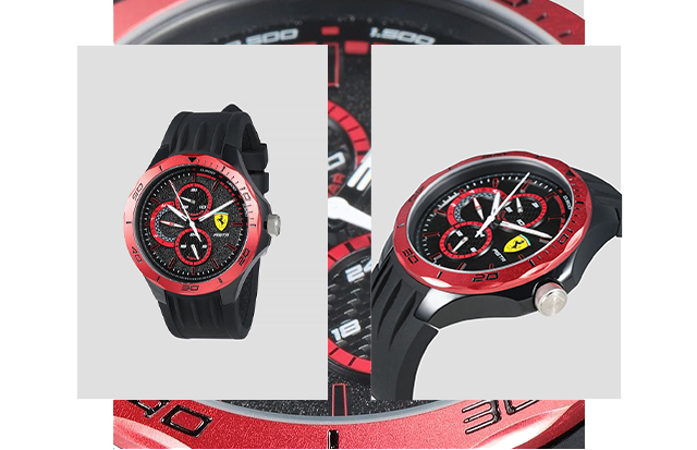 FRONTAL VIEW AND THREE-QUARTER VIEW OF MULTIFUNCTIONAL BLACK PISTA WATCH WITH RED BEZEL