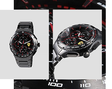 FRONTAL VIEW AND THREE-QUARTER VIEW OF PISTA CHRONOGRAPH WATCH WITH BLACK STEEL CASE