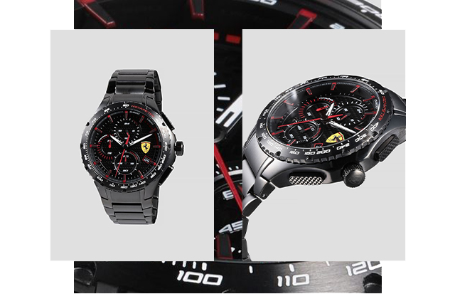 FRONTAL VIEW AND THREE-QUARTER VIEW OF PISTA CHRONOGRAPH WATCH WITH BLACK STEEL CASE