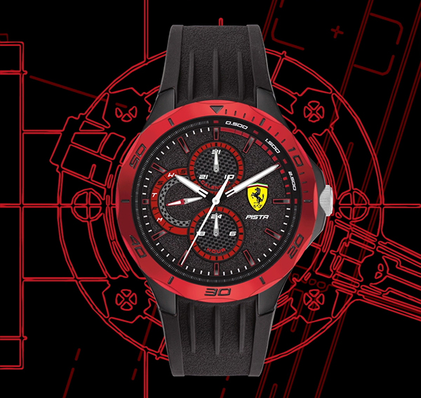 FRONTAL VIEW OF MULTIFUNCTIONAL BLACK PISTA WATCH WITH RED BEZEL