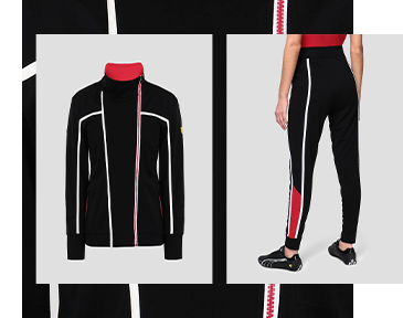 CLOSE UP ON THE BACK LEGS OF THE WOMAN WEARING BLACK, WHITE AND RED MILANO RIB JOGGERS WITH SWEATSHIRT IN MILANO RIB