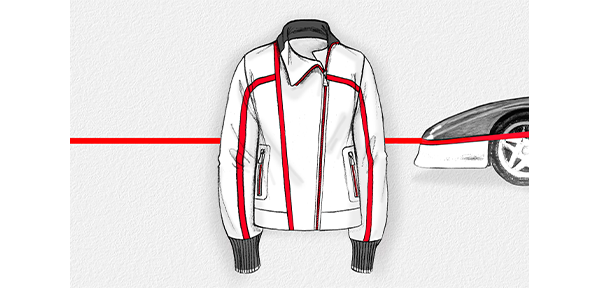 SKETCH OF THE ZIPPERED SWEATSHIRT AND THE FRONT OF A CAR