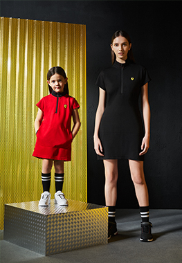 Whole-body girl and woman wearing Scuderia Ferrari Mini-me clothes and accessories.