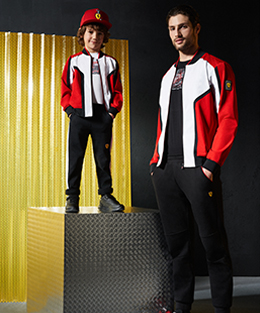 Whole-body boy and man wearing Scuderia Ferrari Mini-me clothes and accessories.