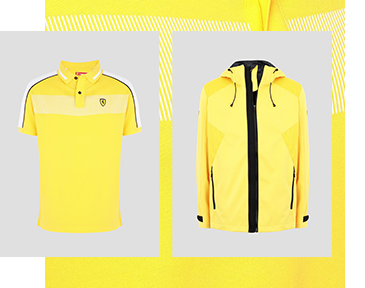MEN'S COTTON PIQUÉ POLO SHIRT WITH CONTRASTING INSERTS AND MEN'S SOFTSHELL JACKET WITH FIT SYSTEM IN GIALLO MODENA COLOUR