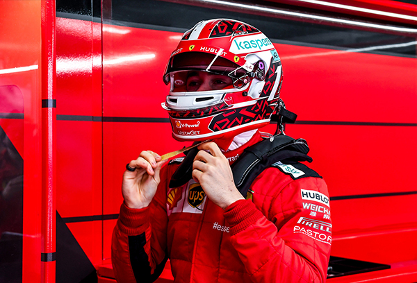 CLOSE-UP OF CHARLES LECLERC WEARING 2019 SPA GP REPLICA HELMET
