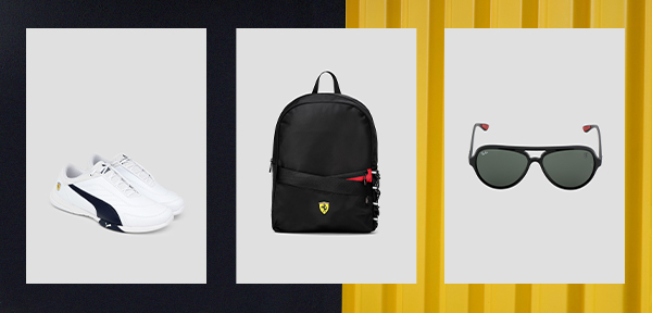 WHITE PUMA SCUDERIA FERRARI KART CAT III SHOES, BLACK INSTITUTIONAL RUCKSACK WITH SHIELD, RAY-BAN FOR SCUDERIA FERRARI RB4125M WITH GRADIENT LENSES