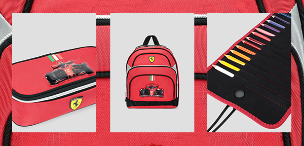 Stationery set with pencil case, organizer backpack and a close up of colored pencils. 