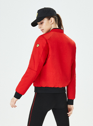 Half-body man and woman wearing red Satin Bomber