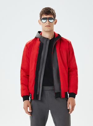 Half-body man and woman wearing red Satin Bomber