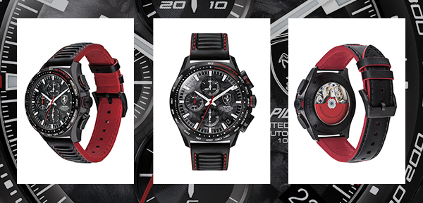 Black and red Pilota Evo automatic chronograph watch from three points of view.