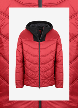 RED JACKET IN RECYCLED NYLON AND SOFTSHELL WITH GRAPHENE SOFT FILLING AND A MAN SEEN FROM BEHIND WEARING THE GREY VERSION