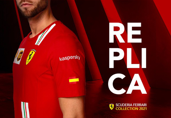HALF-LENGTH PICTURE OF A MAN WEARING REPLICA TEAM T-SHIRT WITH THE MESSAGE 'REPLICA, SCUDERIA FERRARI COLLECTION 2021'.