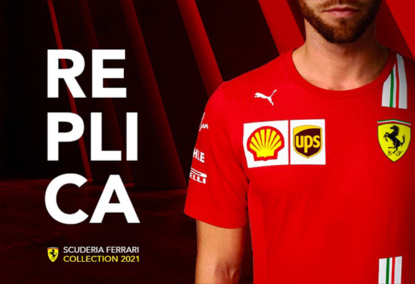 HALF-LENGTH PICTURE OF A MAN WEARING SCUDERIA FERRARI REPLICA 2021 T-SHIRT
