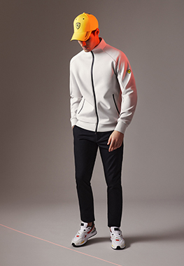 HALF-LENGTH PICTURE OF A MAN WEARING SCUDERIA FERRARI CLOTHES AND ACCESSORIES