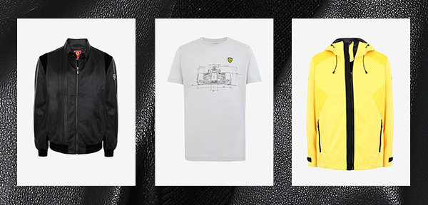 BLACK LEATHER JACKET WITH SHOULDER FIT SYSTEM, WHITE COTTON T-SHIRT WITH TECHNICAL CAR PRINT, YELLOW HOODED SWEATSHIRT