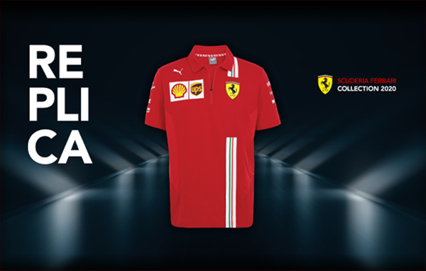 SCUDERIA FERRARI REPLICA 2020 T-SHIRT ON A BLACK BACKGROUND