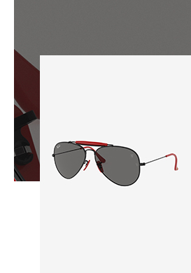 Picture of Ray-Ban for Scuderia Ferrari Outdoorsman and close-up picture of the Ferrari Shield and Ray-Ban logo on a dark grey lense.