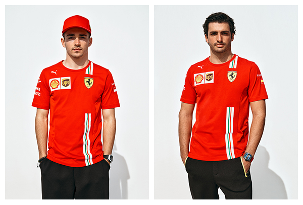 Half-lenght pictures of Charles Leclerc and Carlos Sainz wearing Scuderia Ferrari Replica Team 2021 red T-shirt.