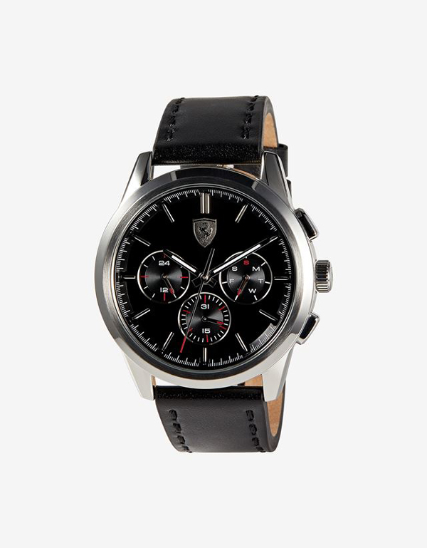 Black Grand Tour watch with leather strap and black dial