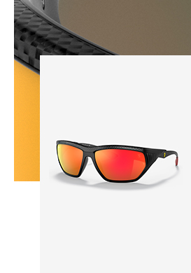 Picture of Ray-Ban for Scuderia Ferrari RB8359M with carbon fibre details and brown mirror orange lenses and close-up picture of details