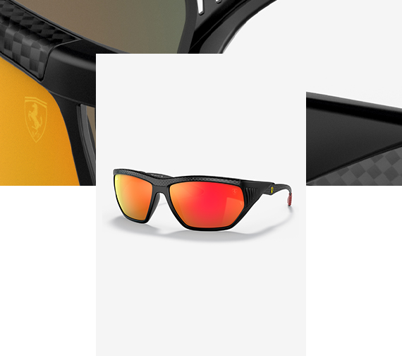Picture of Ray-Ban for Scuderia Ferrari RB8359M with carbon fibre details and brown mirror orange lenses and close-up picture of details