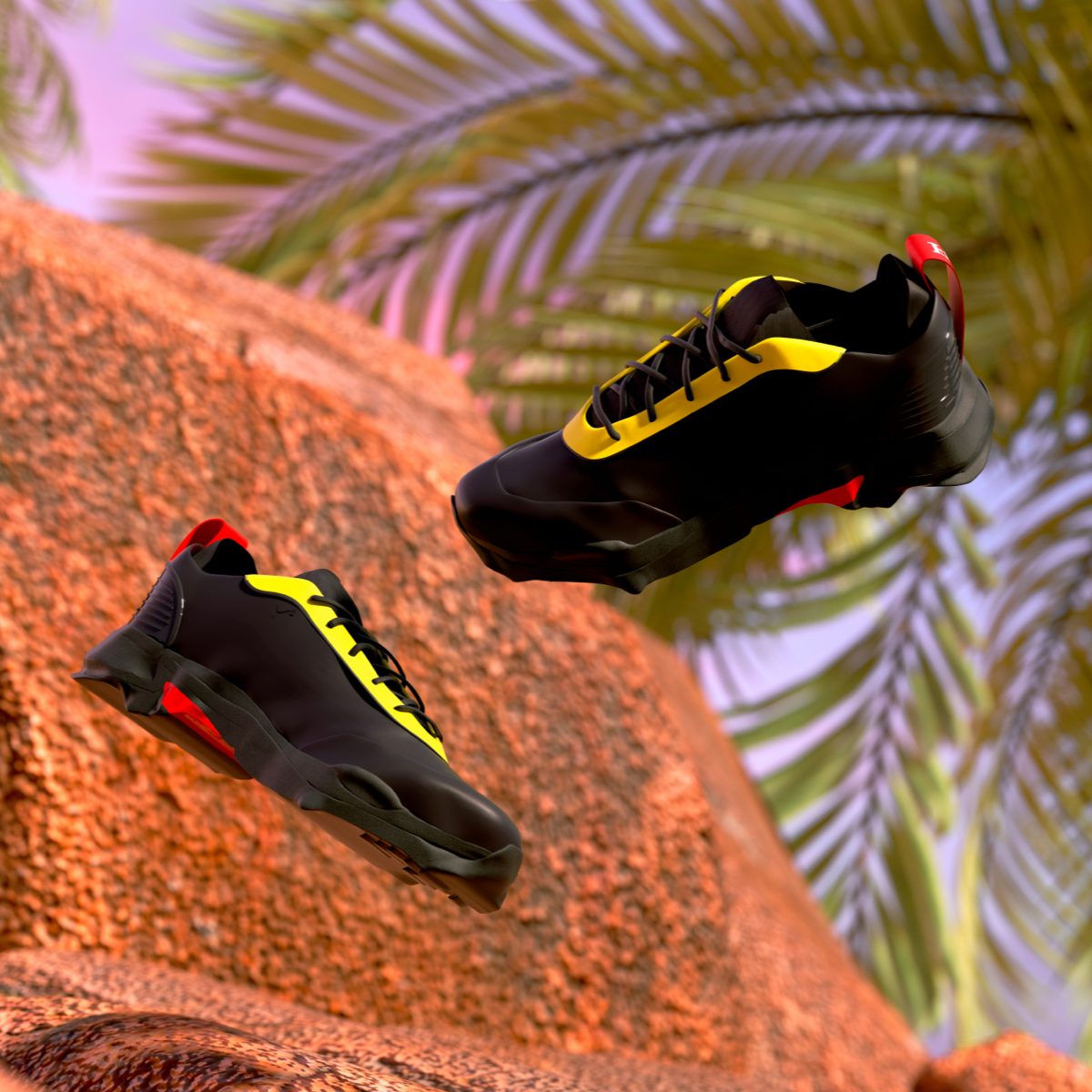 Black Nitefox sneakers suspended in the air with palms and rocks in the background