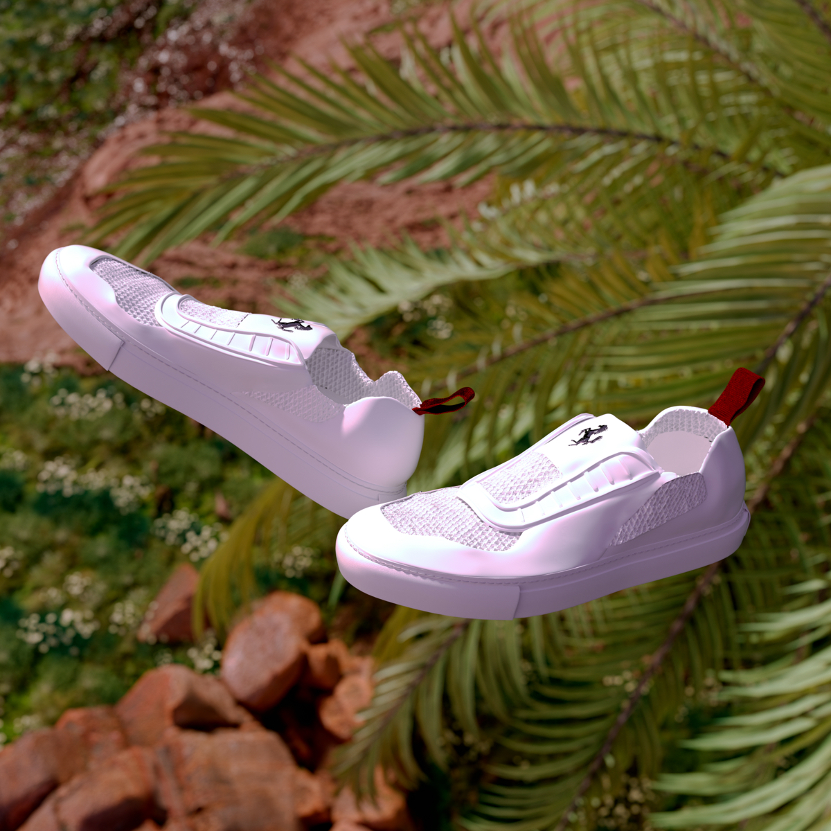White Puma sneakers suspended in the air with palms and rocks in the background