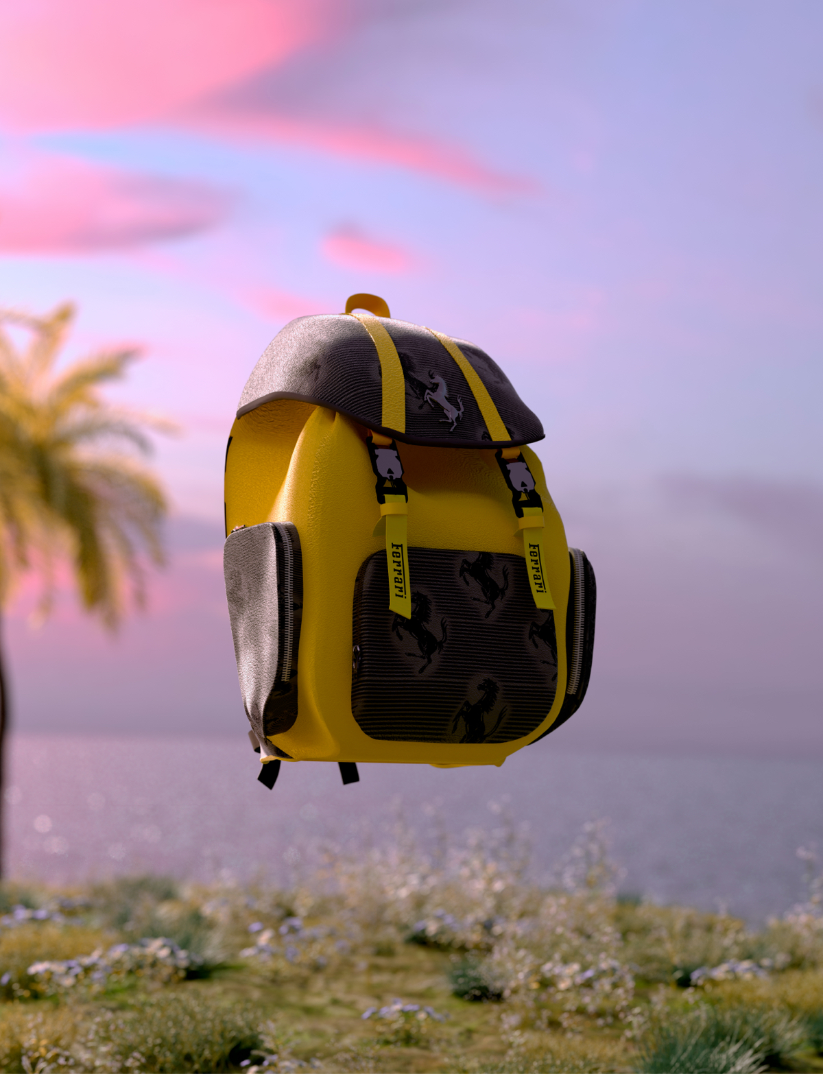 Yellow and black backpack suspended in the air with palms and sea in the background