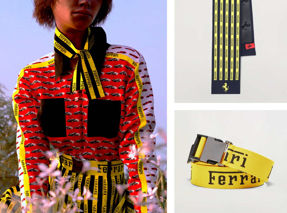 Close-up picture of a woman wearing Ferrari printed silk dress and accessories in a flowery meadow, picture of yellow scarf with logo and picture of yellow belt with logo