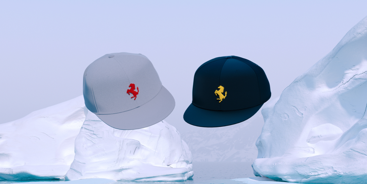 Ferrari caps with the Prancing Horse in background with icebergs