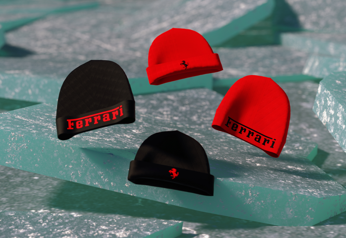 TWO RED CAPS AND TWO BLUE CAPS WITH FERRARI LOGO AND PRANCING HORSE