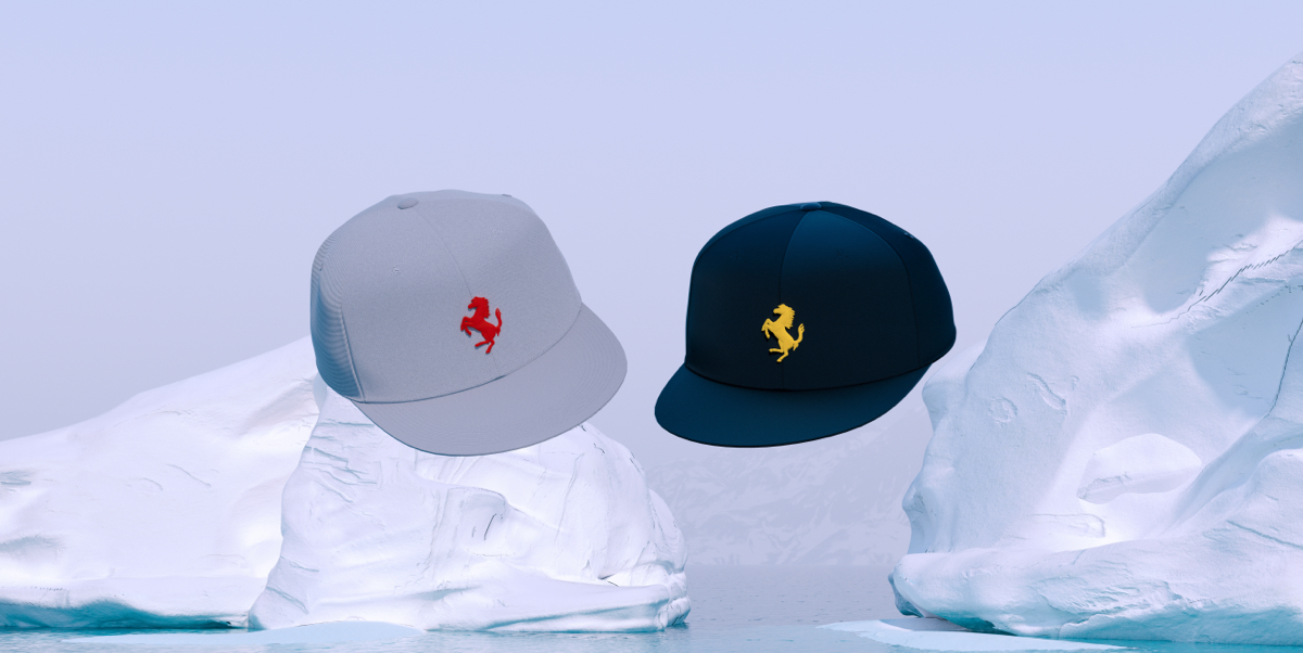 Grey cap and blue cap with Prancing Horse in a white background with icebergs