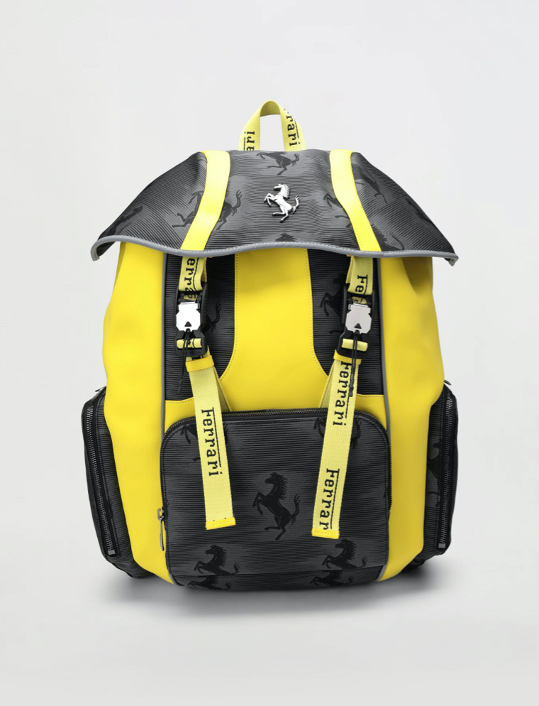 Yellow and dark grey rucksack with Prancing Horse and Ferrari logo tape