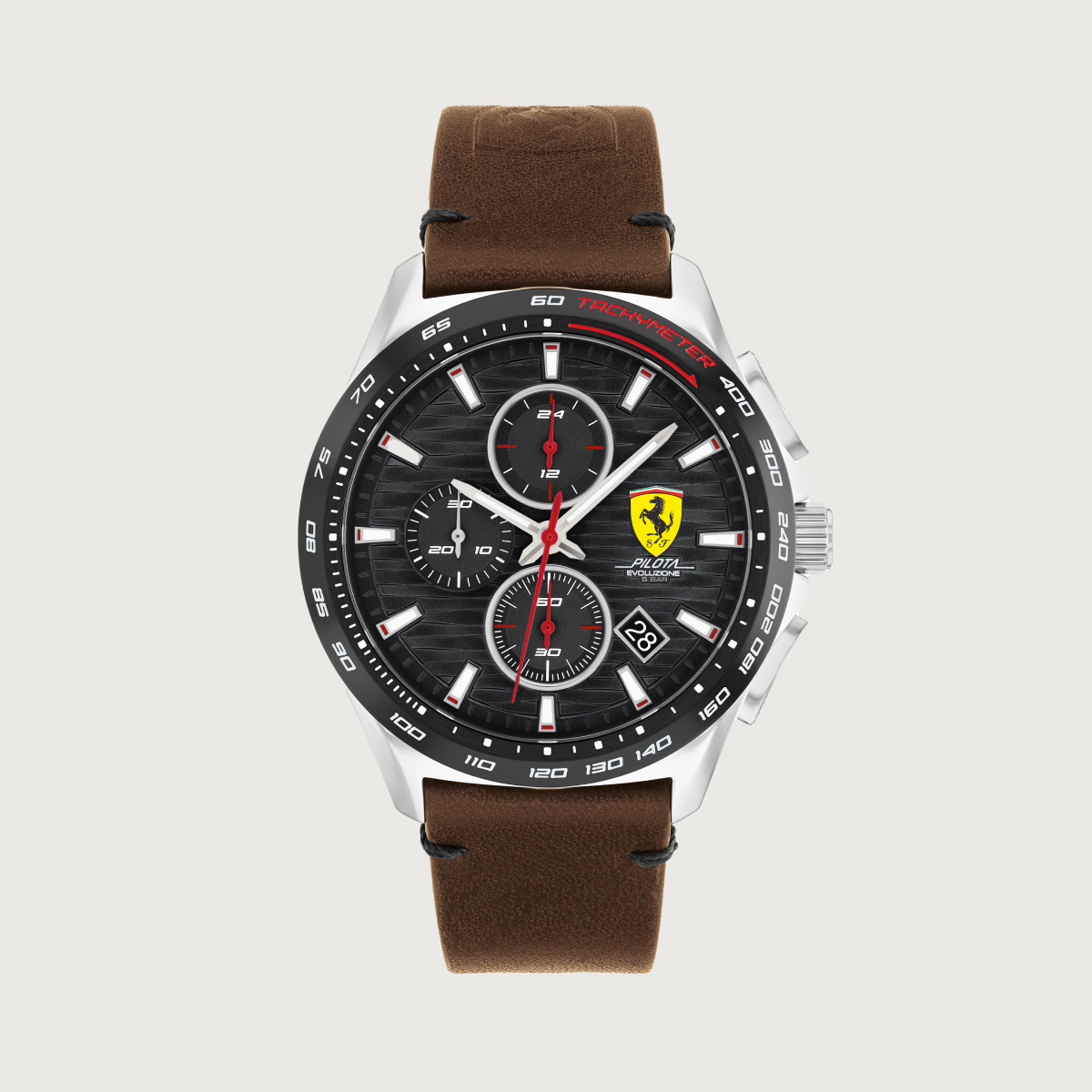 Pilota Evo cronograph watch with metal dial and leather strap