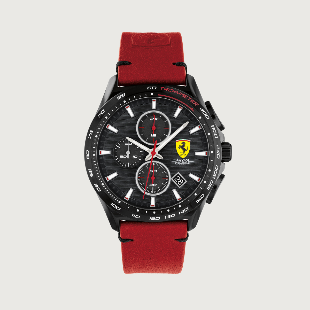Pilota Evo cronograph watch with black dial and red leather strap