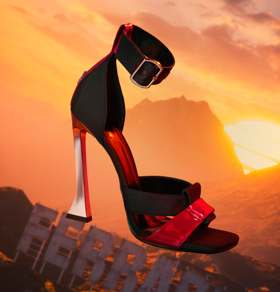 Sandal with high heels and multilayer laminate-like finish