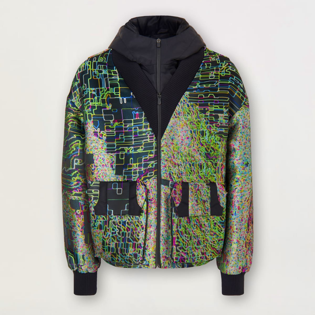 Jacquard bomber jacket / cardigan with multicoloured print