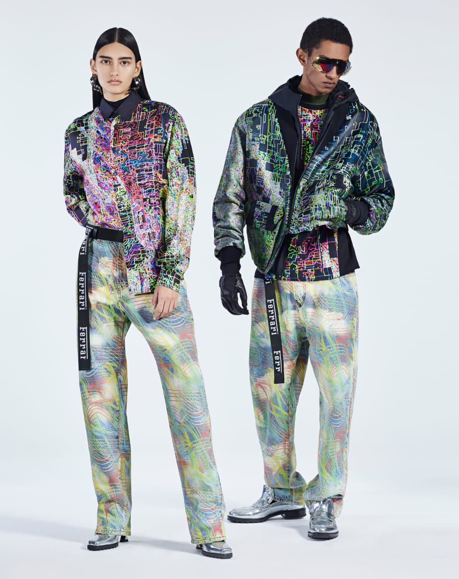 Woman and man wearing clothes with multicored print