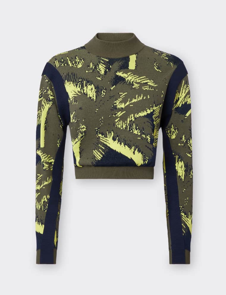 Women’s crewneck jumper in a cotton and nylon blend with the palms camouflage motif