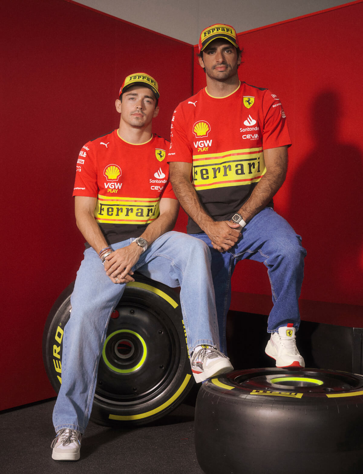 Carlos Sainz and Charles Leclerc in Ferrari looks 