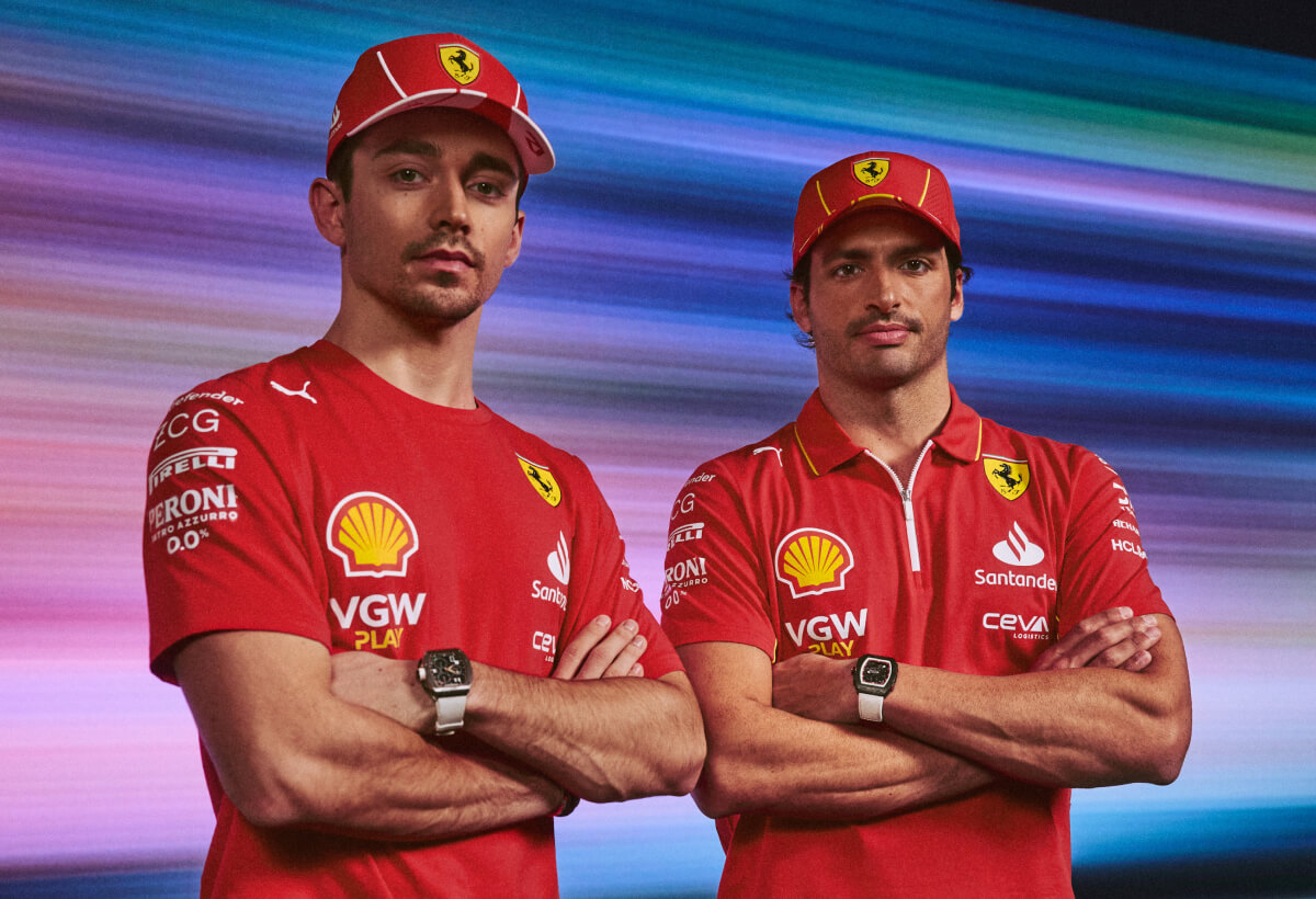 Carlos Sainz and Charles Leclerc wear clothing and accessories from the new Replica Collection.