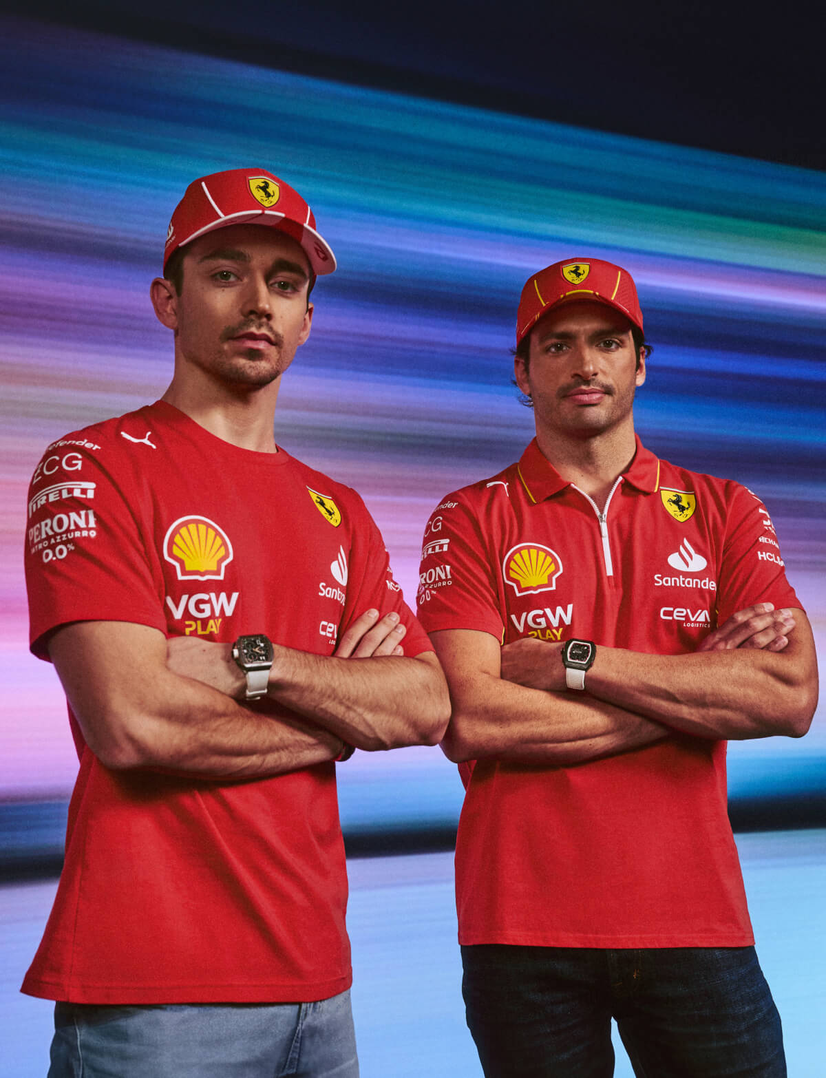 Carlos Sainz and Charles Leclerc wear clothing and accessories from the new Replica Collection.