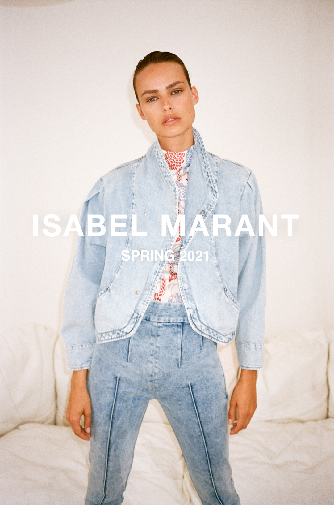 The model is wearing the Pauline jacket from the Isabel Marant Spring 21 collection